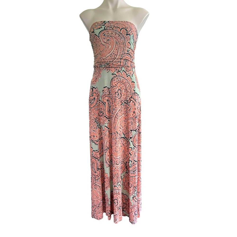 The Limited Strapless Maxi Dress in Coral and Mint Paisley